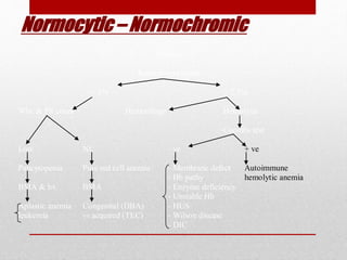 Normocytic – Normochromic
Anemia
Reticulocyte count
< 1% ≥ 2.5%
Wbc & Plt count Hemorrhage Hemolysis
Coombs test
Low
Pancytopenia
BMA & bx
Aplastic anemia
leukemia
NL
Pure red cell anemia
BMA
Congenital (DBA)
VS acquired (TEC)
- ve
- Membrane defect
- Hb pathy
- Enzyme deficiency
- Unstable Hb
- HUS
- Wilson disease
- DIC
+ ve
Autoimmune
hemolytic anemia
 