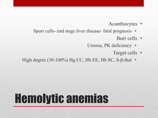 Hemolytic anemias
•Acanthocytes
•Spurr cells- end stage liver disease- fatal prognosis
•Burr cells
•Uremia, PK deficiency
•Target cells
•High degree (30-100%) Hg CC, Hb EE, Hb SC, S-β-thal
 