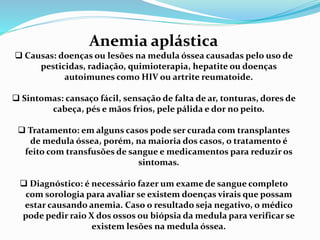 Anemia aplástica
 Causas: doenças ou lesões na medula óssea causadas pelo uso de
pesticidas, radiação, quimioterapia, hepatite ou doenças
autoimunes como HIV ou artrite reumatoide.
 Sintomas: cansaço fácil, sensação de falta de ar, tonturas, dores de
cabeça, pés e mãos frios, pele pálida e dor no peito.
 Tratamento: em alguns casos pode ser curada com transplantes
de medula óssea, porém, na maioria dos casos, o tratamento é
feito com transfusões de sangue e medicamentos para reduzir os
sintomas.
 Diagnóstico: é necessário fazer um exame de sangue completo
com sorologia para avaliar se existem doenças virais que possam
estar causando anemia. Caso o resultado seja negativo, o médico
pode pedir raio X dos ossos ou biópsia da medula para verificar se
existem lesões na medula óssea.
 