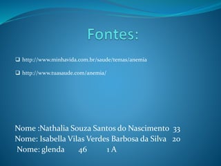 Nome :Nathalia Souza Santos do Nascimento 33
Nome: Isabella Vilas Verdes Barbosa da Silva 20
Nome: glenda 46 1 A
 http://www.minhavida.com.br/saude/temas/anemia
 http://www.tuasaude.com/anemia/
 