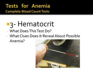 3- Hematocrit
- What DoesThisTest Do?
- What Clues Does It RevealAbout Possible
Anemia?
 
