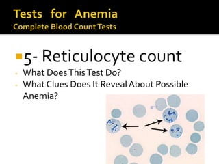 5- Reticulocyte count
- What DoesThisTest Do?
- What Clues Does It RevealAbout Possible
Anemia?
 