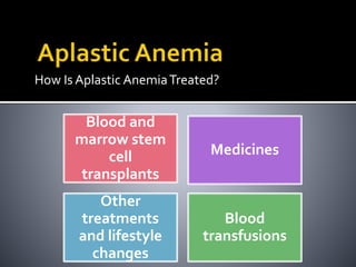 How Is Aplastic AnemiaTreated?
Blood and
marrow stem
cell
transplants
Medicines
Other
treatments
and lifestyle
changes
Blood
transfusions
 