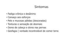 Sintomas
• Fadiga crônica e desânimo
• Cansaço aos esforços
• Pele e mucosas pálidas (descoradas)
• Tonturas e sensação de desmaio
• Dores de cabeça e dores nas pernas
• Geofagia ( vontade incontrolável de comer terra
 