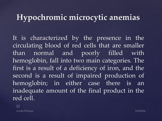 It is characterized by the presence in the
circulating blood of red cells that are smaller
than normal and poorly filled with
hemoglobin, fall into two main categories. The
first is a result of a deficiency of iron, and the
second is a result of impaired production of
hemoglobin; in either case there is an
inadequate amount of the final product in the
red cell.
Hypochromic microcytic anemias
 