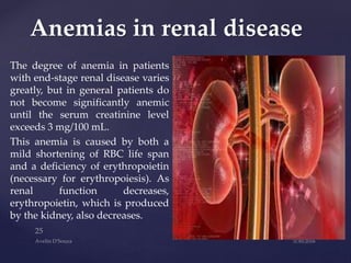 The degree of anemia in patients
with end-stage renal disease varies
greatly, but in general patients do
not become significantly anemic
until the serum creatinine level
exceeds 3 mg/100 mL.
This anemia is caused by both a
mild shortening of RBC life span
and a deficiency of erythropoietin
(necessary for erythropoiesis). As
renal function decreases,
erythropoietin, which is produced
by the kidney, also decreases.
Anemias in renal disease
 