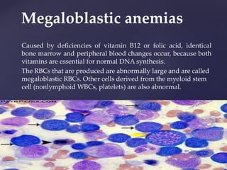 Caused by deficiencies of vitamin B12 or folic acid, identical
bone marrow and peripheral blood changes occur, because both
vitamins are essential for normal DNA synthesis.
The RBCs that are produced are abnormally large and are called
megaloblastic RBCs. Other cells derived from the myeloid stem
cell (nonlymphoid WBCs, platelets) are also abnormal.
Megaloblastic anemias
 
