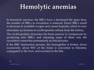 In hemolytic anemias, the RBCs have a shortened life span; thus,
the number of RBCs in circulation is reduced. Fewer RBCs result
in decrease in available oxygen and causes hypoxia, which in turn
stimulates an increase in erythropoietin release from the kidney.
The erythropoietin stimulates the bone marrow to compensate by
producing new RBCs and releasing some of them into the
circulation somewhat prematurely as reticulocytes.
If the RBC destruction persists, the hemoglobin is broken down
excessively; about 80% of the heme is converted to bilirubin,
conjugated in the liver, and excreted in the bile.
Hemolytic anemias
 