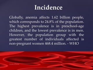 Globally, anemia affects 1.62 billion people,
which corresponds to 24.8% of the population.
The highest prevalence is in preschool-age
children, and the lowest prevalence is in men.
However, the population group with the
greatest number of individuals affected is
non-pregnant women 468.4 million. - WHO
Incidence
 