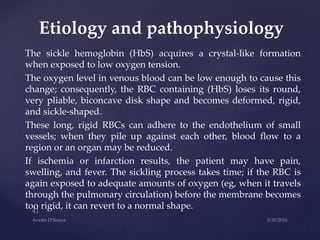 The sickle hemoglobin (HbS) acquires a crystal-like formation
when exposed to low oxygen tension.
The oxygen level in venous blood can be low enough to cause this
change; consequently, the RBC containing (HbS) loses its round,
very pliable, biconcave disk shape and becomes deformed, rigid,
and sickle-shaped.
These long, rigid RBCs can adhere to the endothelium of small
vessels; when they pile up against each other, blood flow to a
region or an organ may be reduced.
If ischemia or infarction results, the patient may have pain,
swelling, and fever. The sickling process takes time; if the RBC is
again exposed to adequate amounts of oxygen (eg, when it travels
through the pulmonary circulation) before the membrane becomes
too rigid, it can revert to a normal shape.
Etiology and pathophysiology
 