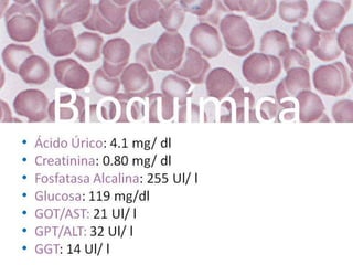 Bioquímica• Ácido Úrico: 4.1 mg/ dl
• Creatinina: 0.80 mg/ dl
• Fosfatasa Alcalina: 255 Ul/ l
• Glucosa: 119 mg/dl
• GOT/AST: 21 Ul/ l
• GPT/ALT: 32 Ul/ l
• GGT: 14 Ul/ l
 