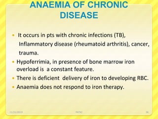 ANAEMIA OF CHRONIC
DISEASE
 It occurs in pts with chronic infections (TB),
Inflammatory disease (rheumatoid arthritis), cancer,
trauma.
 Hypoferrimia, in presence of bone marrow iron
overload is a constant feature.
 There is deficient delivery of iron to developing RBC.
 Anaemia does not respond to iron therapy.
11/21/2019 PATKI 36
 