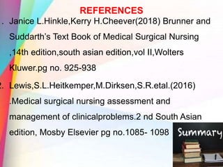 REFERENCES
1. Janice L.Hinkle,Kerry H.Cheever(2018) Brunner and
Suddarth’s Text Book of Medical Surgical Nursing
,14th edition,south asian edition,vol II,Wolters
Kluwer.pg no. 925-938
2. Lewis,S.L.Heitkemper,M.Dirksen,S.R.etal.(2016)
.Medical surgical nursing assessment and
management of clinicalproblems.2 nd South Asian
edition, Mosby Elsevier pg no.1085- 1098
 