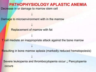 PATHOPHYSIOLOGY APLASTIC ANEMIA
Decrease in or damage to marrow stem cell
↓
Damage to microenvironment with in the marrow
↓
Replacement of marrow with fat
↓
T cell mediate an inappropriate attack against the bone marrow
↓
Resulting in bone marrow aplasia (markedly reduced hematopoiesis)
↓
Severe leukopenia and thrombocytopenia occur ↓ Pancytopenia
occurs
 