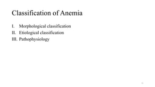 Classification of Anemia
I. Morphological classification
II. Etiological classification
III. Pathophysiology
16
 
