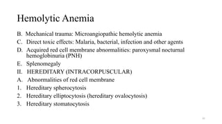 Hemolytic Anemia
B. Mechanical trauma: Microangiopathic hemolytic anemia
C. Direct toxic effects: Malaria, bacterial, infection and other agents
D. Acquired red cell membrane abnormalities: paroxysmal nocturnal
hemoglobinuria (PNH)
E. Splenomegaly
II. HEREDITARY (INTRACORPUSCULAR)
A. Abnormalities of red cell membrane
1. Hereditary spherocytosis
2. Hereditary elliptocytosis (hereditary ovalocytosis)
3. Hereditary stomatocytosis
45
 