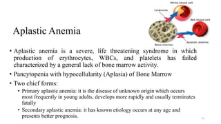 Aplastic Anemia
• Aplastic anemia is a severe, life threatening syndrome in which
production of erythrocytes, WBCs, and platelets has failed
characterized by a general lack of bone marrow activity.
• Pancytopenia with hypocellularity (Aplasia) of Bone Marrow
• Two chief forms:
• Primary aplastic anemia: it is the disease of unknown origin which occurs
most frequently in young adults, develops more rapidly and usually terminates
fatally
• Secondary aplastic anemia: it has known etiology occurs at any age and
presents better prognosis. 56
 