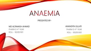 PRESENTED BY-
MD ALTAMASH AHMAD
PHARM D 4TH YEAR
ROLL - 1850951001
ANANDITA GULATI
PHARM D 4TH YEAR
ROLL - 1850951002
 