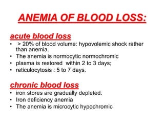 ANEMIA OF BLOOD LOSS:
acute blood loss
• > 20% of blood volume: hypovolemic shock rather
than anemia.
• The anemia is normocytic normochromic
• plasma is restored within 2 to 3 days;
• reticulocytosis : 5 to 7 days.
chronic blood loss
• iron stores are gradually depleted.
• Iron deficiency anemia
• The anemia is microcytic hypochromic
 