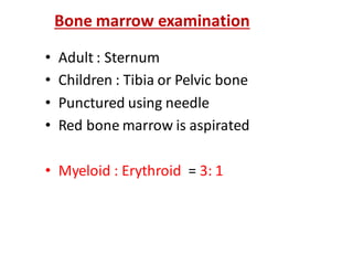 Bone marrow examination
• Adult : Sternum
• Children : Tibia or Pelvic bone
• Punctured using needle
• Red bone marrow is aspirated
• Myeloid : Erythroid = 3: 1
 