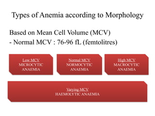 Types of Anemia according to Morphology
Based on Mean Cell Volume (MCV)
- Normal MCV : 76-96 fL (femtolitres)
Low MCV
MICROCYTIC
ANAEMIA
Normal MCV
NORMOCYTIC
ANAEMIA
High MCV
MACROCYTIC
ANAEMIA
Varying MCV
HAEMOLYTIC ANAEMIA
 