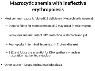 Macrocytic anemia with ineffective
erythropoiesis
• Most common cause is folate/B12 deficiency (Megaloblastic Anemia)
– Dietary: folate far more common, B12 may occur in strict vegans
– Pernicious anemia: lack of B12 protection in stomach and gut
– Poor uptake in terminal ileum (e.g. in Crohn’s disease)
– B12 and folate are essential for DNA synthesis – nuclear
maturation lags behind cytoplasm
• Other causes - Drugs, toxins, myelodysplasia
 