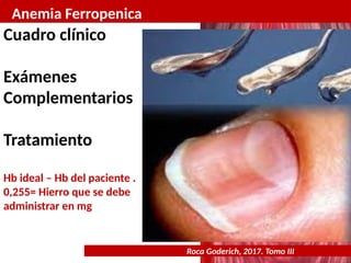 Anemia Ferropenica
Roca Goderich, 2017. Tomo III
Cuadro clínico
Exámenes
Complementarios
Tratamiento
Hb ideal – Hb del paciente .
0,255= Hierro que se debe
administrar en mg
 