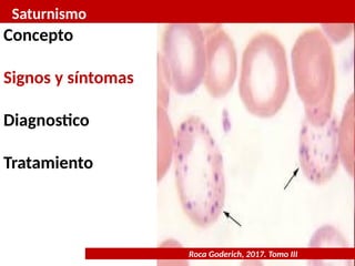 Saturnismo
Roca Goderich, 2017. Tomo III
Concepto
Signos y síntomas
Diagnostico
Tratamiento
 