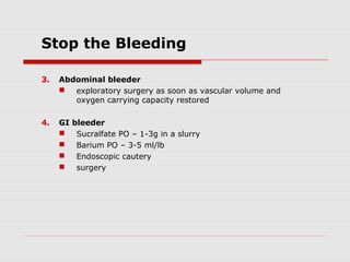 Stop the Bleeding
3. Abdominal bleeder
 exploratory surgery as soon as vascular volume and
oxygen carrying capacity restored
4. GI bleeder
 Sucralfate PO – 1-3g in a slurry
 Barium PO – 3-5 ml/lb
 Endoscopic cautery
 surgery
 