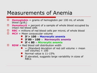 Measurements of Anemia
 Hemoglobin = grams of hemoglobin per 100 mL of whole
blood (g/dL)
 Hematocrit = percent of a sample of whole blood occupied by
intact red blood cells
 RBC = millions of red blood cells per microL of whole blood
 MCV = Mean corpuscular volume
 If > 100 → Macrocytic anemia
 If 80 – 100 → Normocytic anemia
 If < 80 → Microcytic anemia
 RDW = Red blood cell distribution width
 = (Standard deviation of red cell volume ÷ mean
cell volume) × 100
 Normal value is 11-15%
 If elevated, suggests large variability in sizes of
RBCs
 