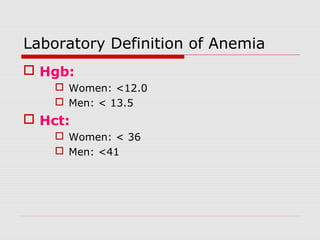 Laboratory Definition of Anemia
 Hgb:
 Women: <12.0
 Men: < 13.5
 Hct:
 Women: < 36
 Men: <41
 