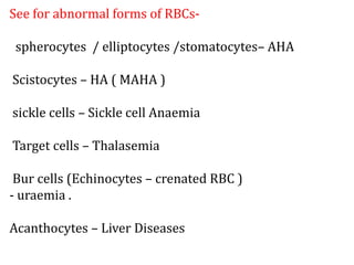 See for abnormal forms of RBCs-
spherocytes / elliptocytes /stomatocytes– AHA
Scistocytes – HA ( MAHA )
sickle cells – Sickle cell Anaemia
Target cells – Thalasemia
Bur cells (Echinocytes – crenated RBC )
- uraemia .
Acanthocytes – Liver Diseases
 