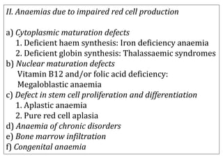 II. Anaemias due to impaired red cell production
a) Cytoplasmic maturation defects
1. Deficient haem synthesis: Iron deficiency anaemia
2. Deficient globin synthesis: Thalassaemic syndromes
b) Nuclear maturation defects
Vitamin B12 and/or folic acid deficiency:
Megaloblastic anaemia
c) Defect in stem cell proliferation and differentiation
1. Aplastic anaemia
2. Pure red cell aplasia
d) Anaemia of chronic disorders
e) Bone marrow infiltration
f) Congenital anaemia
 