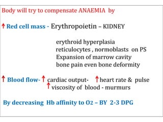 Body will try to compensate ANAEMIA by
Red cell mass - Erythropoietin – KIDNEY
erythroid hyperplasia
reticulocytes , normoblasts on PS
Expansion of marrow cavity
bone pain even bone deformity
Blood flow- cardiac output- heart rate & pulse
viscosity of blood - murmurs
By decreasing Hb affinity to O2 – BY 2-3 DPG
 