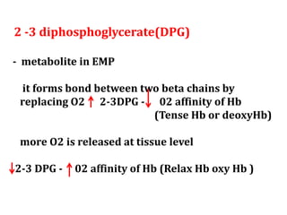 2 -3 diphosphoglycerate(DPG)
- metabolite in EMP
it forms bond between two beta chains by
replacing O2 2-3DPG - 02 affinity of Hb
(Tense Hb or deoxyHb)
more O2 is released at tissue level
2-3 DPG - 02 affinity of Hb (Relax Hb oxy Hb )
 