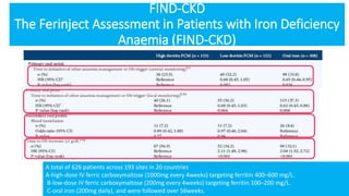 v
A total of 626 patients across 193 sites in 20 countries
A-high-dose IV ferric carboxymaltose (1000mg every 4weeks) targeting ferritin 400–600 mg/L.
B-low-dose IV ferric carboxymaltose (200mg every 4weeks) targeting ferritin 100–200 mg/L.
C-oral iron (200mg daily), and were followed over 56weeks.
FIND-CKD
The Ferinject Assessment in Patients with Iron Deficiency
Anaemia (FIND-CKD)
 