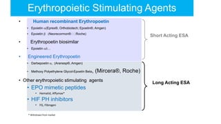 • Human recombinant Erythropoetin
• Epoietin a(Eprex®, Orthobiotech; Epoetin®, Amgen)
• Epoietin bNeorecormon® Roche)
• Erythropoetin biosimilar
• Epoietin a…
• Engineered Erythropoetin
• Darbepoetin a (Aranesp®, Amgen)
• Methoxy Polyethylene Glycol-Epoetin Beta, (Mircera®, Roche)
• Other erythropoietic stimulating agents
• EPO mimetic peptides
• Hematid, Affymax*
• HIF PH inhibitors
• FG, Fibrogen
Erythropoietic Stimulating Agents
Long Acting ESA
Short Acting ESA
* Withdrawn from market
 