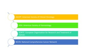 ASCOT: American Society of Clinical Oncology.
ASH: American Society of Hematology.
EORTC: European Organization for Research and Treatment of
Cancer.
NCCN: National Comprehensive Cancer Network
 