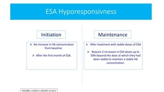 Initiation Maintenance
 No increase in Hb concentration
from baseline.
 After the first month of ESA.
 After treatment with stable doses of ESA
 Require 2 increases in ESA doses up to
50% beyond the dose at which they had
been stable to maintain a stable Hb
concentration.
ESA Hyporesponsivness
 