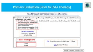 • CHr
• CRP
Primary Evaluation (Prior to ESAs Therapy)
+ other Investigations
To address all correctable causes of anemia
Fe Deficiency when:
S. Ferritin  500 ng/ml
S.TSAT  30%
CHr: Detect iron stores in BM in last 1-2 days
CRP: Exclude infection
 