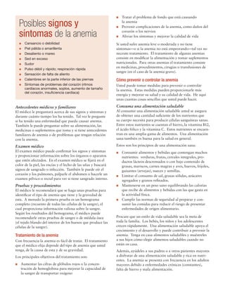 Antecedentes médicos y familiares
El médico le preguntará acerca de sus signos y síntomas y
durante cuánto tiempo los ha tenido. Tal vez le pregunte
si ha tenido una enfermedad que pueda causar anemia.
También le puede preguntar sobre su alimentación, las
medicinas o suplementos que toma y si tiene antecedentes
familiares de anemia o de problemas que tengan relación
con la anemia.
Examen médico
El examen médico puede confirmar los signos y síntomas
y proporcionar información sobre los órganos o aparatos
que estén afectados. En el examen médico se fijará en el
color de la piel, las encías y el lecho de las uñas y buscará
signos de sangrado o infección. También le puede oír el
corazón y los pulmones, palparle el abdomen o hacerle un
examen pélvico o rectal para ver si tiene sangrado interno.
Pruebas y procedimientos
El médico le recomendará que se haga unas pruebas para
identificar el tipo de anemia que tiene y la gravedad de
esta. A menudo la primera prueba es un hemograma
completo (recuento de todas las células de la sangre), el
cual proporciona información valiosa sobre la sangre.
Según los resultados del hemograma, el médico puede
recomendarle otras pruebas de sangre o de médula ósea
(el tejido blando del interior de los huesos que produce las
células de la sangre).
Tratamiento de la anemia
Con frecuencia la anemia es fácil de tratar. El tratamiento
que el médico elija depende del tipo de anemia que usted
tenga, de la causa de esta y de su gravedad.
Los principales objetivos del tratamiento son:
n	 Aumentar las cifras de glóbulos rojos o la concen-
tración de hemoglobina para mejorar la capacidad de
la sangre de transportar oxígeno
n	 Tratar el problema de fondo que está causando
la anemia
n	 Prevenir complicaciones de la anemia, como daños del
corazón o los nervios
n	 Aliviar los síntomas y mejorar la calidad de vida
Si usted sufre anemia leve o moderada y no tiene
síntomas—o si la anemia no está empeorando—tal vez no
necesite tratamiento. El tratamiento de algunas anemias
consiste en modificar la alimentación y tomar suplementos
nutricionales. Para otras anemias el tratamiento consiste
en medicinas, procedimientos, cirugías o transfusiones de
sangre (en el caso de la anemia grave).
Cómo prevenir o controlar la anemia
Usted puede tomar medidas para prevenir o controlar
la anemia. Estas medidas pueden proporcionarle más
energía y mejorar su salud y su calidad de vida. He aquí
unas cuantas cosas sencillas que usted puede hacer.
Consuma una alimentación saludable
Al consumir una alimentación saludable usted se asegura
de obtener una cantidad suficiente de los nutrientes que
su cuerpo necesita para producir células sanguíneas sanas.
Entre estos nutrientes se cuentan el hierro, la vitamina B12,
el ácido fólico y la vitamina C. Estos nutrientes se encuen-
tran en una amplia gama de alimentos. Una alimentación
sana también es buena para la salud en general.
Estos son los principios de una alimentación sana:
n	 Consumir alimentos y bebidas que contengan muchos
nutrientes: verduras, frutas, cereales integrales, pro-
ductos lácteos descremados o con bajo contenido de
grasas, mariscos, carnes magras y aves, huevos, frijoles,
guisantes (arvejas), nueces y semillas.
n	 Limitar el consumo de sal, grasas sólidas, azúcares
agregados y granos refinados.
n	 Mantenerse en un peso sano equilibrando las calorías
que recibe de alimentos y bebidas con las que gasta en
la actividad física.
n	 Cumplir las normas de seguridad al preparar y con-
sumir las comidas para reducir el riesgo de presentar
enfermedades de origen alimentario.
Procure que un estilo de vida saludable sea la meta de
toda la familia. Los bebés, los niños y los adolescentes
crecen rápidamente. Una alimentación saludable apoya el
crecimiento y el desarrollo y puede contribuir a prevenir la
anemia. Tenga en casa alimentos saludables y muéstreles
a sus hijos cómo elegir alimentos saludables cuando no
están en casa.
Además, ayúdeles a sus padres o a otros parientes mayores
a disfrutar de una alimentación saludable y rica en nutri-
entes. La anemia se presenta con frecuencia en los adultos
mayores debido a enfermedades crónicas (constantes),
falta de hierro y mala alimentación.
Posibles signos y
síntomas de la anemia
l	 Cansancio o debilidad
l	 Piel pálida o amarillenta
l	 Desaliento o mareo
l	 Sed en exceso
l	Sudor
l	 Pulso débil y rápido; respiración rápida
l	 Sensación de falta de aliento
l	 Calambres en la parte inferior de las piernas
l	 Síntomas de problemas del corazón (ritmos
cardíacos anormales, soplos, aumento de tamaño
del corazón, insuficiencia cardíaca)
 