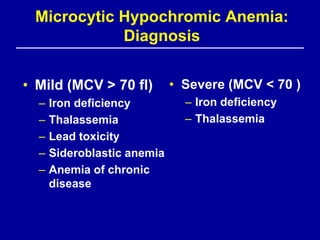 Microcytic Hypochromic Anemia:
            Diagnosis


• Mild (MCV > 70 fl)         • Severe (MCV < 70 )
  –   Iron deficiency          – Iron deficiency
  –   Thalassemia              – Thalassemia
  –   Lead toxicity
  –   Sideroblastic anemia
  –   Anemia of chronic
      disease
 
