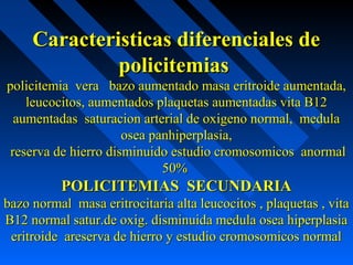 Caracteristicas diferenciales deCaracteristicas diferenciales de
policitemiaspolicitemias
policitemia vera bazo aumentado masa eritroide aumentada,policitemia vera bazo aumentado masa eritroide aumentada,
leucocitos, aumentados plaquetas aumentadas vita B12leucocitos, aumentados plaquetas aumentadas vita B12
aumentadas saturacion arterial de oxigeno normal, medulaaumentadas saturacion arterial de oxigeno normal, medula
osea panhiperplasia,osea panhiperplasia,
reserva de hierro disminuido estudio cromosomicos anormalreserva de hierro disminuido estudio cromosomicos anormal
50%50%
POLICITEMIAS SECUNDARIAPOLICITEMIAS SECUNDARIA
bazo normal masa eritrocitaria alta leucocitos , plaquetas , vitabazo normal masa eritrocitaria alta leucocitos , plaquetas , vita
B12 normal satur.de oxig. disminuida medula osea hiperplasiaB12 normal satur.de oxig. disminuida medula osea hiperplasia
eritroide areserva de hierro y estudio cromosomicos normaleritroide areserva de hierro y estudio cromosomicos normal
 