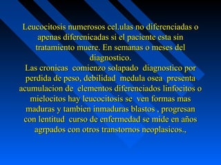Leucocitosis numerosos cel.ulas no diferenciadas oLeucocitosis numerosos cel.ulas no diferenciadas o
apenas diferenicadas si el paciente esta sinapenas diferenicadas si el paciente esta sin
tratamiento muere. En semanas o meses deltratamiento muere. En semanas o meses del
diagnostico.diagnostico.
Las cronicas comienzo solapado diagnostico porLas cronicas comienzo solapado diagnostico por
perdida de peso, debilidad medula osea presentaperdida de peso, debilidad medula osea presenta
acumulacion de elementos diferenciados linfocitos oacumulacion de elementos diferenciados linfocitos o
mielocitos hay leucocitosis se ven formas masmielocitos hay leucocitosis se ven formas mas
maduras y tambien inmaduras blastos , progresanmaduras y tambien inmaduras blastos , progresan
con lentitud curso de enfermedad se mide en añoscon lentitud curso de enfermedad se mide en años
agrpados con otros transtornos neoplasicos.,agrpados con otros transtornos neoplasicos.,
 