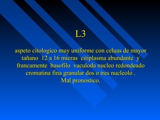 L3L3
aspeto citologico muy uniforme con celuas de mayoraspeto citologico muy uniforme con celuas de mayor
tañano 12 a 16 micras citiplasma abundante ytañano 12 a 16 micras citiplasma abundante y
francamente basofilo vaculoda nucleo redondeadofrancamente basofilo vaculoda nucleo redondeado
cromatina fina granular dos o tres nucleolo .cromatina fina granular dos o tres nucleolo .
Mal pronostico.Mal pronostico.
 