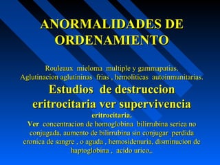 ANORMALIDADES DEANORMALIDADES DE
ORDENAMIENTOORDENAMIENTO
Rouleaux mieloma multiple y gammapatias.Rouleaux mieloma multiple y gammapatias.
Aglutinacion aglutininas frias , hemoliticas autoinmunitarias.Aglutinacion aglutininas frias , hemoliticas autoinmunitarias.
Estudios de destruccionEstudios de destruccion
eritrocitaria ver supervivenciaeritrocitaria ver supervivencia
eritrocitaria.eritrocitaria.
VerVer concentracion de homoglobina bilirrubina serica noconcentracion de homoglobina bilirrubina serica no
conjugada, aumento de bilirrubina sin conjugar perdidaconjugada, aumento de bilirrubina sin conjugar perdida
cronica de sangre , o aguda , hemosidenuria, disminucion decronica de sangre , o aguda , hemosidenuria, disminucion de
haptoglobina , acido urico,.haptoglobina , acido urico,.
 