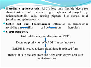 Hereditary spherocytosis: RBC’s lose their flexible biconcave
characteristics and become tight spheres destroyed by
reticuloendothilial cells, causing pigment bile stones, mild
jaundice and splenomegaly.
Sickle cell and Thalassaemia: Alteration in hemoglobin
solubility and stability cell deformation hemolysis
G6PD Deficiency
G6PD deficiency i.e. decrease in G6PD
Decrease production of NADPH in erythrocytes
NADPH is needed to keep glutathione in reduced form
Hemoglobin in reduced from and helps erythrocytes deal with
oxidative stress
 