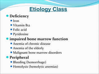 Deficiency
Iron
Vitamin B12
Folic acid
Pyridoxine
impaired bone marrow function
Anemia of chronic disease
Anemia of the elderly
Malignant bone marrow disorders
Peripheral
Bleeding (hemorrhage)
Hemolysis (hemolytic anemias)
Etiology Class
 