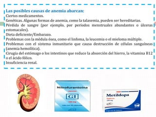 Las posibles causas de anemia abarcan:
Ciertos medicamentos.
Genéticas. Algunas formas de anemia, como la talasemia, pueden ser hereditarias.
Pérdida de sangre (por ejemplo, por períodos menstruales abundantes o úlceras
estomacales).
Dieta deficiente/Embarazo.
Problemas con la médula ósea, como el linfoma, la leucemia o el mieloma múltiple.
Problemas con el sistema inmunitario que causa destrucción de células sanguíneas
(anemia hemolítica).
Cirugía del estómago o los intestinos que reduce la absorción del hierro, la vitamina B12
o el ácido fólico.
Insuficiencia renal.
 
