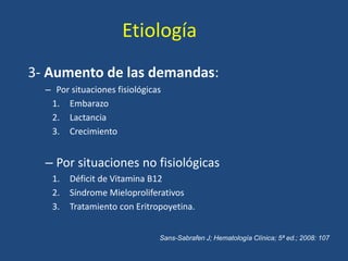 Etiología
3- Aumento de las demandas:
– Por situaciones fisiológicas
1. Embarazo
2. Lactancia
3. Crecimiento
– Por situaciones no fisiológicas
1. Déficit de Vitamina B12
2. Síndrome Mieloproliferativos
3. Tratamiento con Eritropoyetina.
Sans-Sabrafen J; Hematología Clínica; 5ª ed.; 2008: 107
 